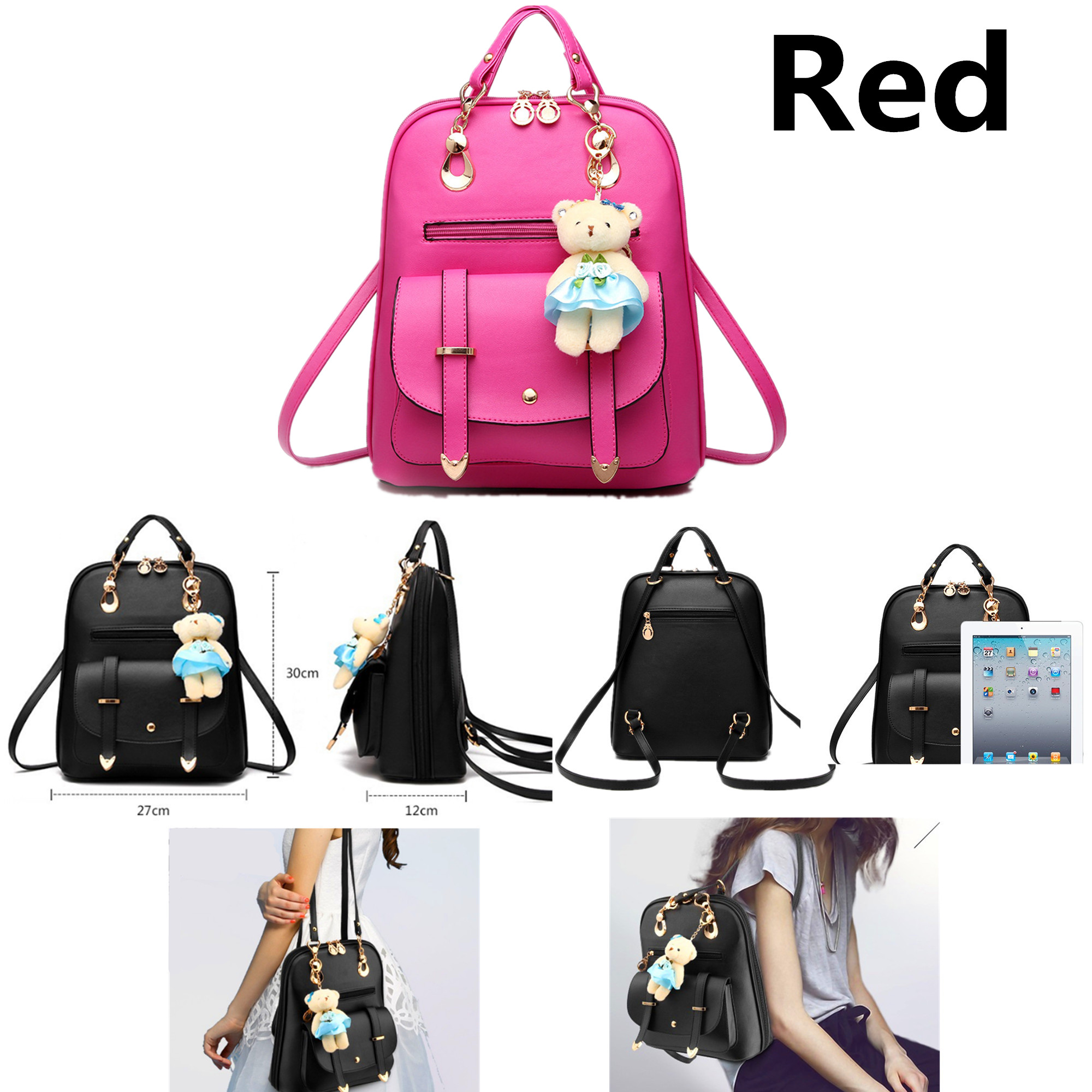 Hynbase Women's Summer Cute Korean PU Leather Bag Backpack Shoulder Bag Red - Click Image to Close