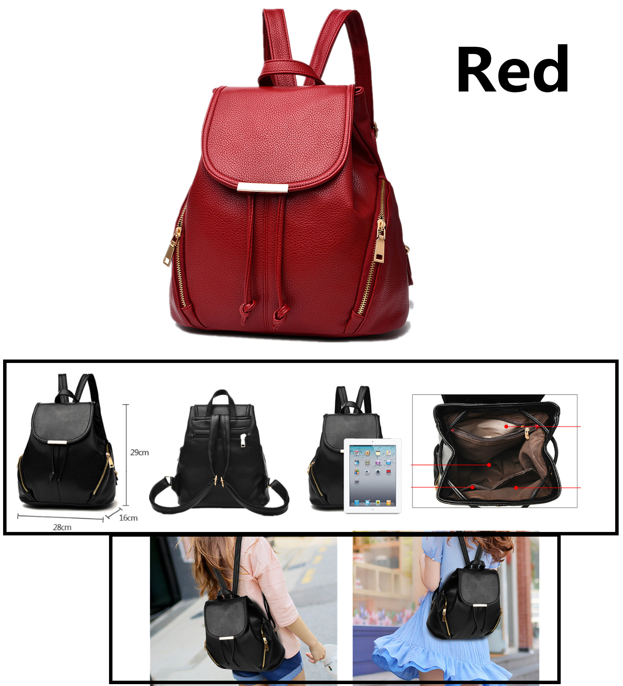 Hynbase Women Fashion Loverly Cute Tassel Leather Backpack Shoulder Bag Red